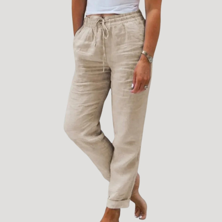 Versatile women's lightweight linen trousers for summer, casual wear, or travel. Drawstring waist.
