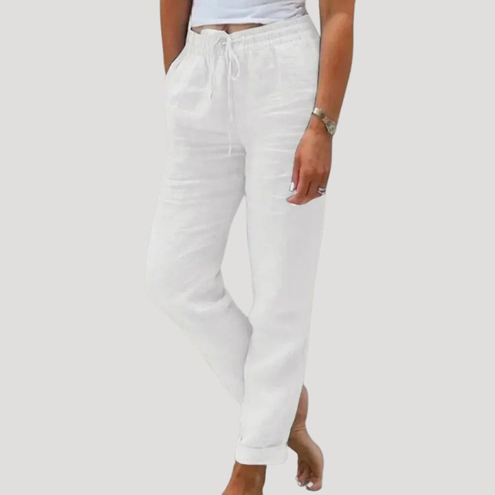 Stylish women's casual linen trousers, summer-ready with a comfortable drawstring and relaxed fit.