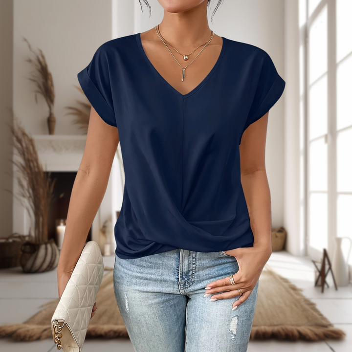 Women's everyday casual tee with a sweetheart neck and comfortable short sleeves for easy styling.