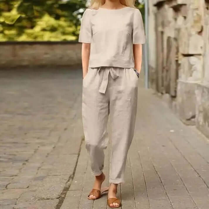 Stylish women's summer two-piece outfit with comfy shorts and a matching top, ideal for loungewear.