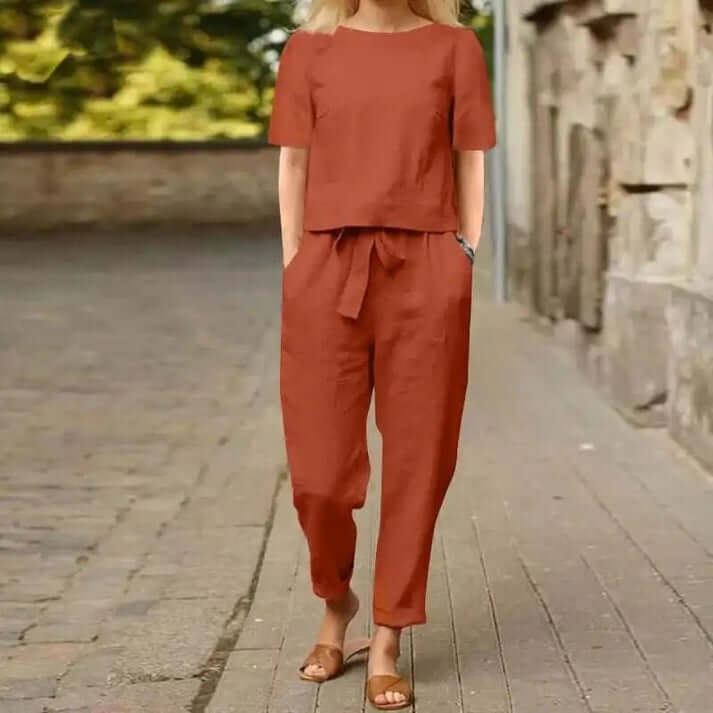 Breathable women's summer two-piece set featuring a relaxed top and coordinating shorts for casual outings.