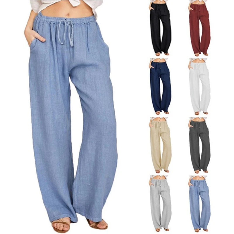 Comfortable women's wide-leg pants featuring an adjustable drawstring waist & practical pockets.