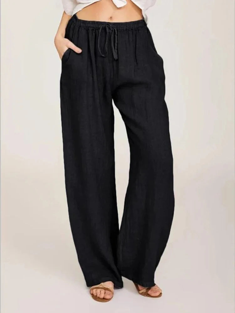 Stylish women's casual wide-leg pants, ideal for summer fashion or relaxed fall wear. Loose fit comfort.