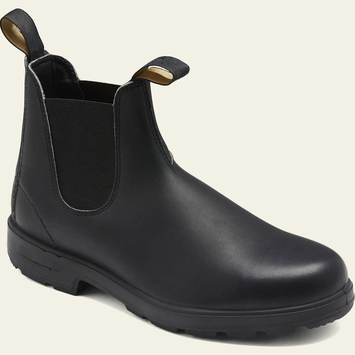 Side view of women's Chelsea ankle work boots, highlighting the rugged grip sole & elastic panel.