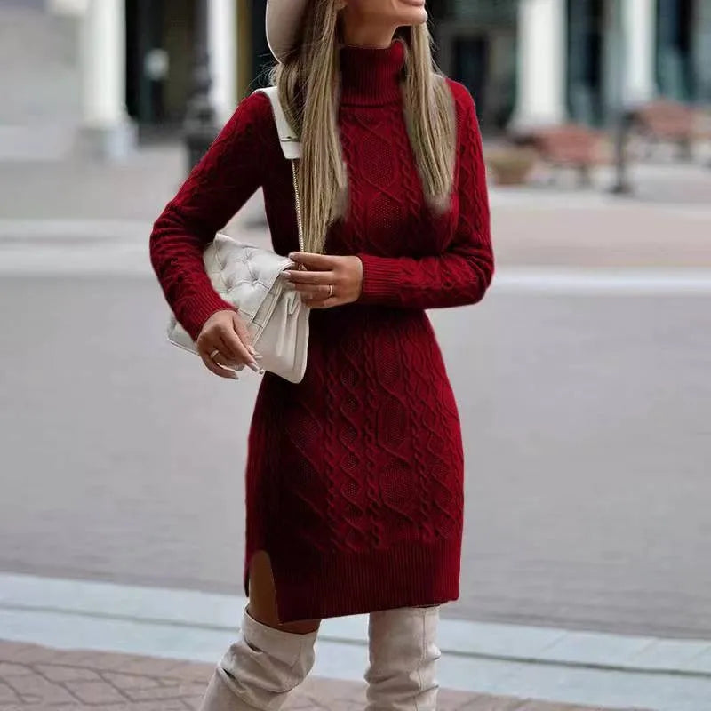 Women's elegant A-line midi dress for winter. Long sleeve, comfortable, and chic, ideal for fall & holidays.