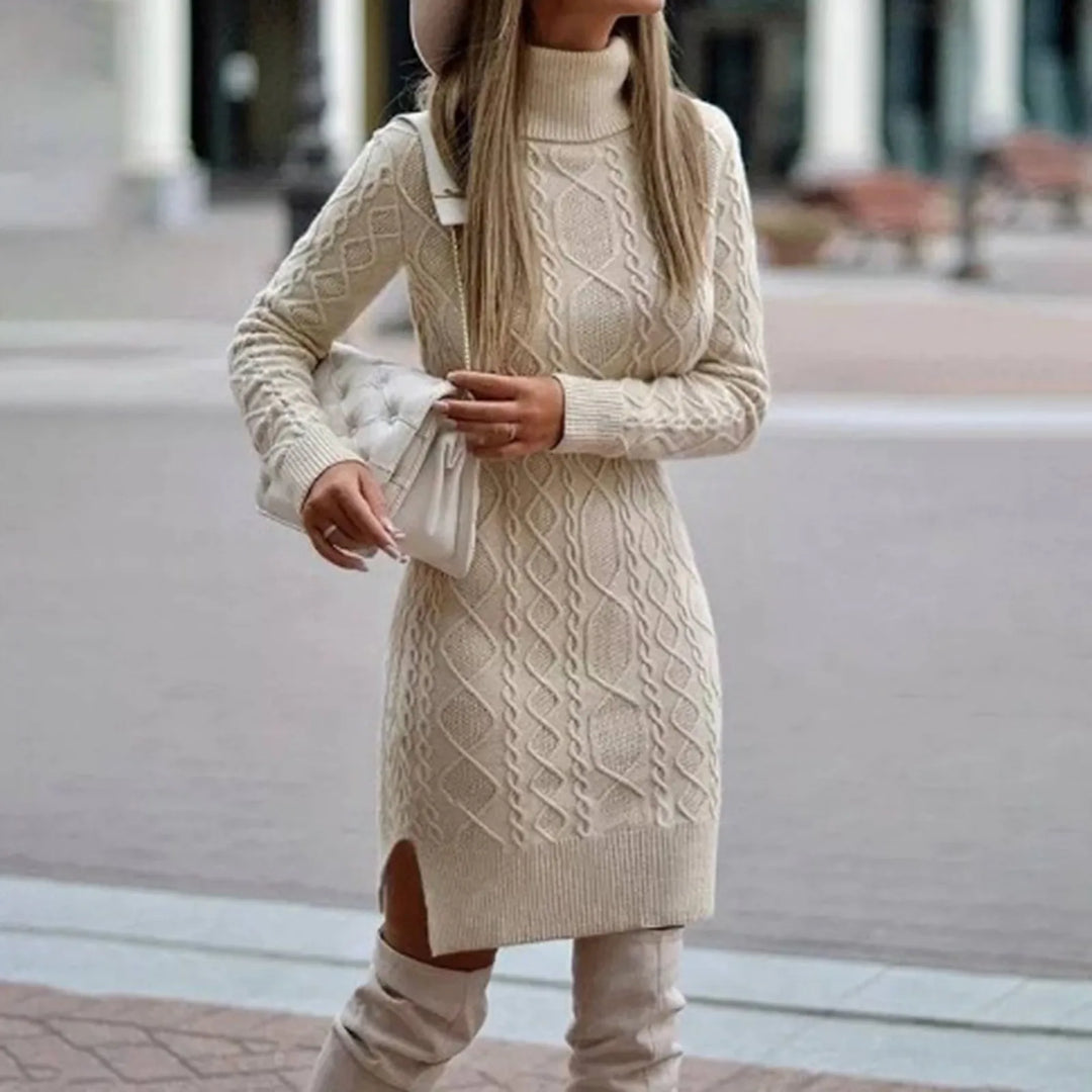 Stylish women's A-line midi dress with long sleeves. Comfortable and warm, perfect for winter and holiday wear.