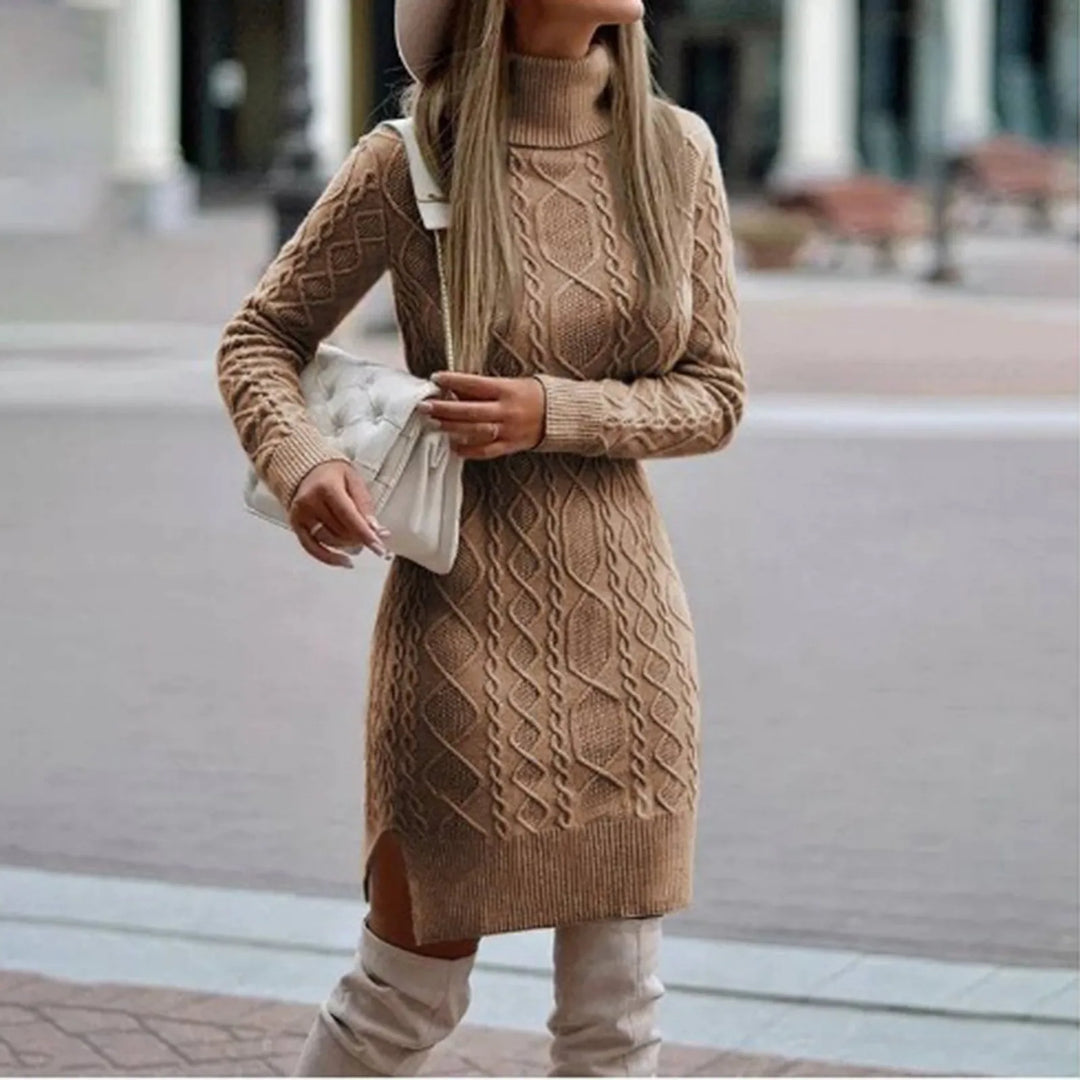 A-line women's midi dress, elegant & cozy. Long-sleeved for winter and fall comfort, perfect for holidays.