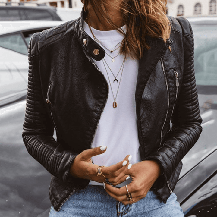 Women's chic black PU leather jacket, slim fit, with a stylish stand collar for fall & winter outerwear.