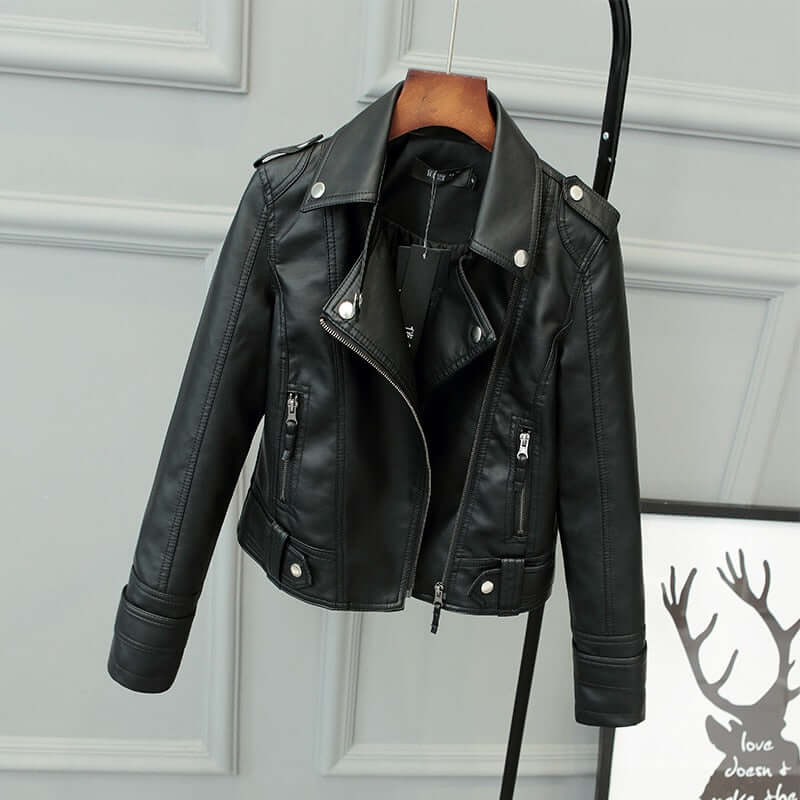Women's chic black slim fit PU leather jacket, a trendy and versatile outerwear fashion piece.