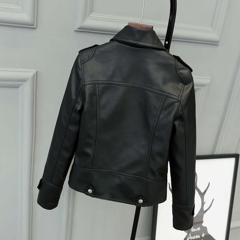 Stylish women's black PU leather jacket with a slim fit, perfect for trendy everyday outerwear.