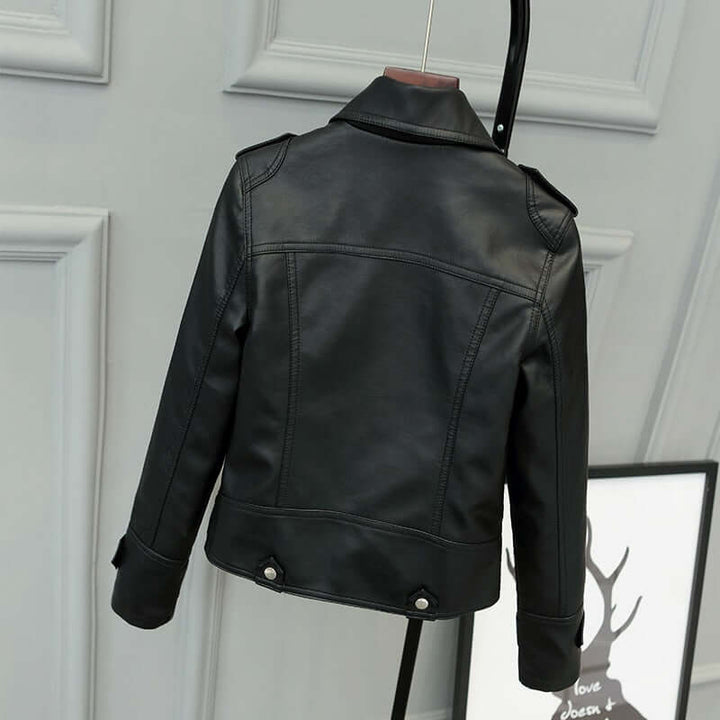 Stylish women's black PU leather jacket with a slim fit, perfect for trendy everyday outerwear.