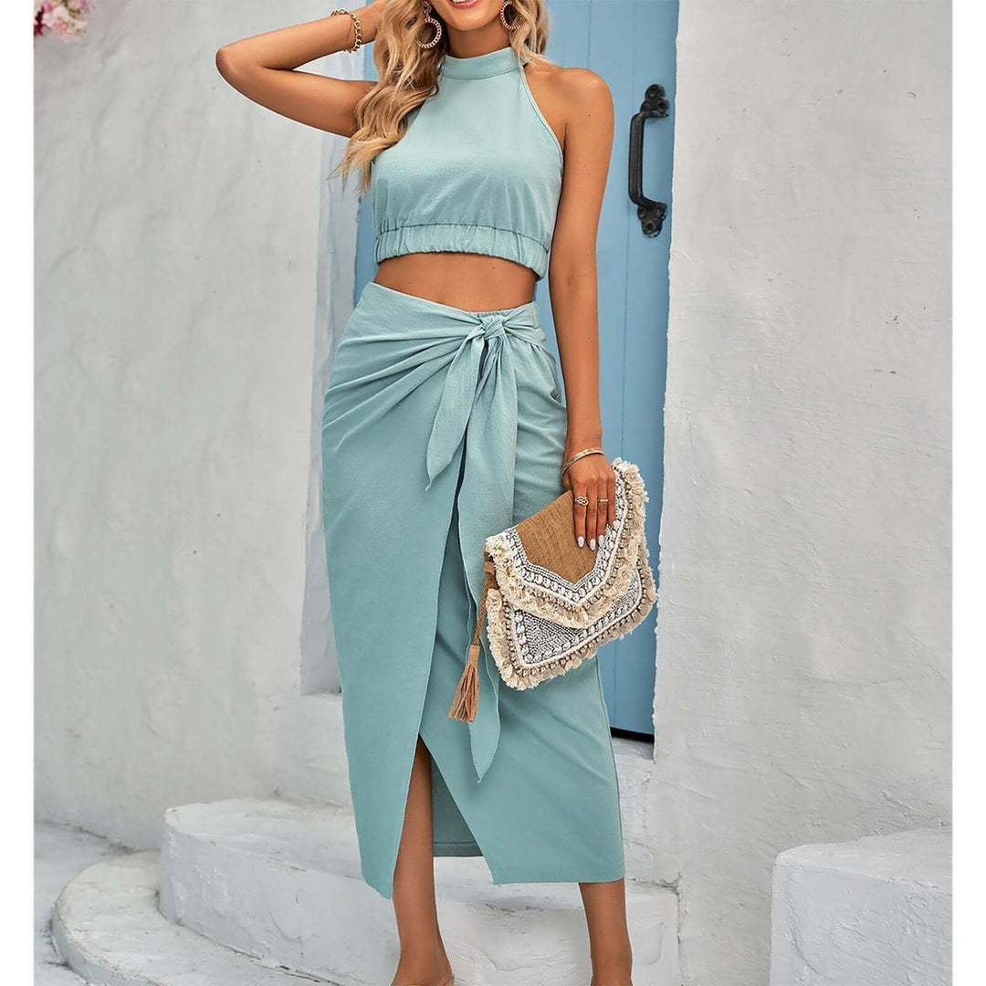 Comfortable light blue cotton blend women's crop top & midi skirt two-piece set, a stylish summer outfit.