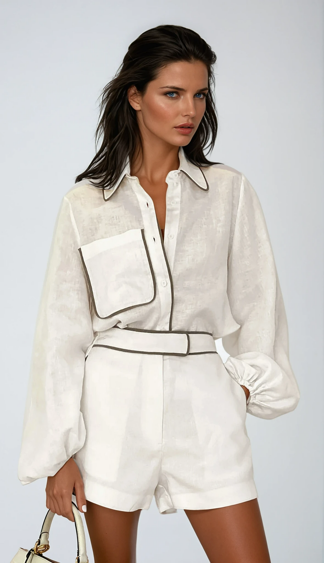 Women's chic contrast trim shorts set, perfect for summer casual wear.