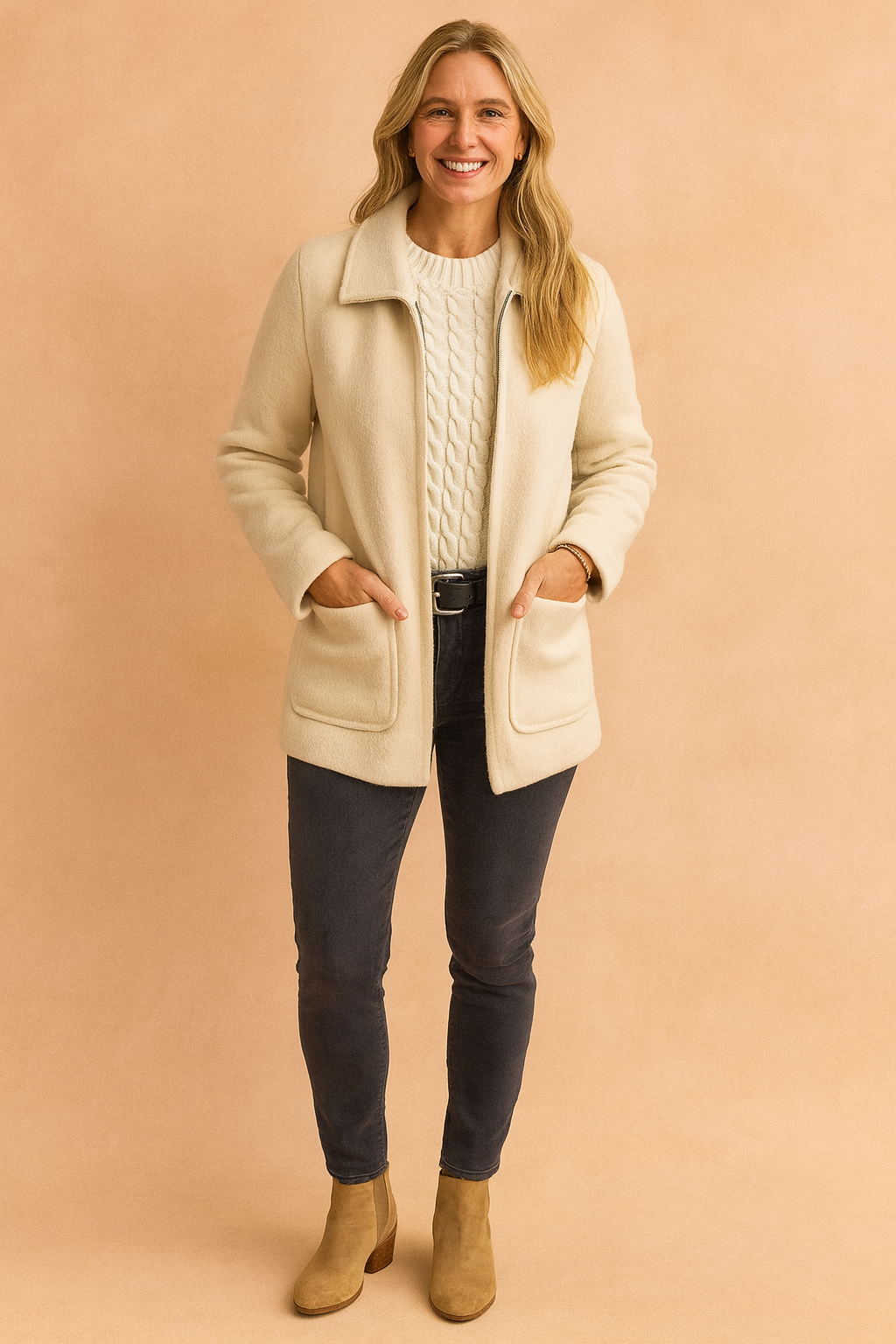 Versatile women's cropped zip jacket with pockets, ideal for everyday wear & modern fashion outfits.