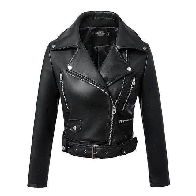 Women's chic faux leather biker jacket with a belted waist, silver hardware, and slim fit for edgy style.