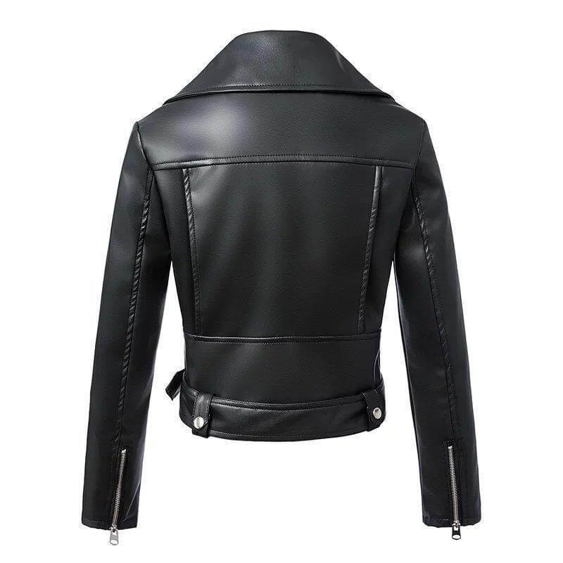 Black faux leather moto jacket for women, featuring an adjustable belt, zip pockets, and a classic collar.