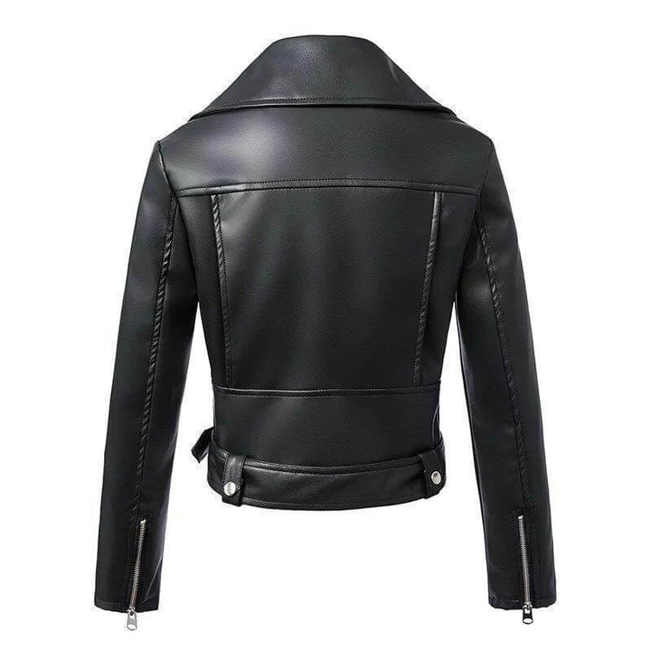 Black faux leather moto jacket for women, featuring an adjustable belt, zip pockets, and a classic collar.