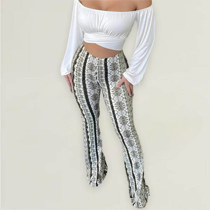 Chic women's flared pants with stylish cut-out details, high waist design, offering modern comfort.