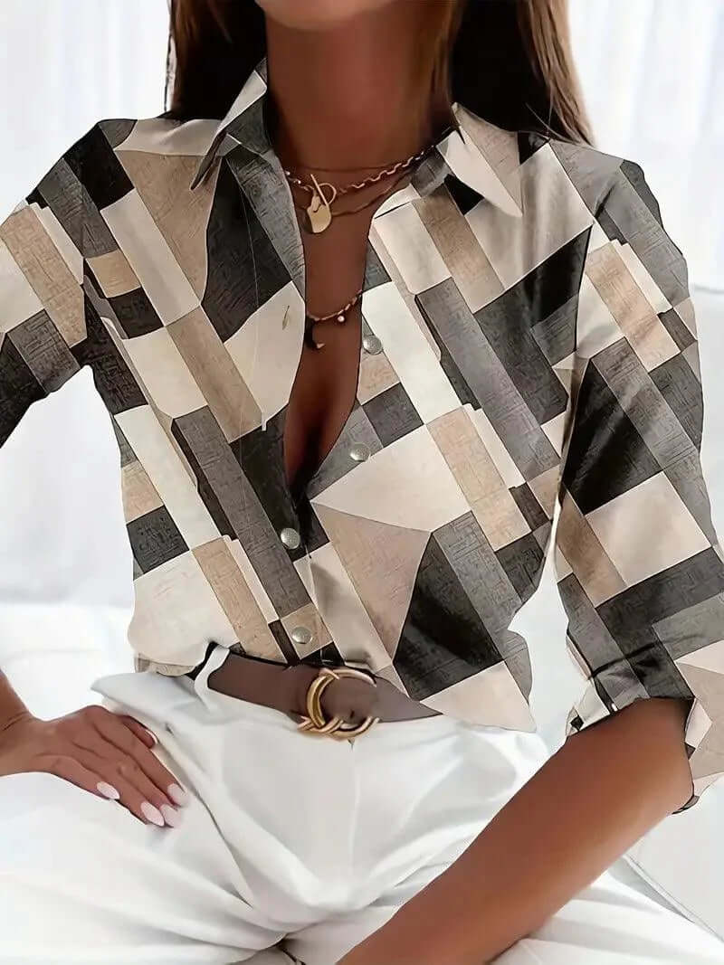 Women's chic floral & plaid long-sleeve button-up shirt; a versatile top blending two classic patterns.