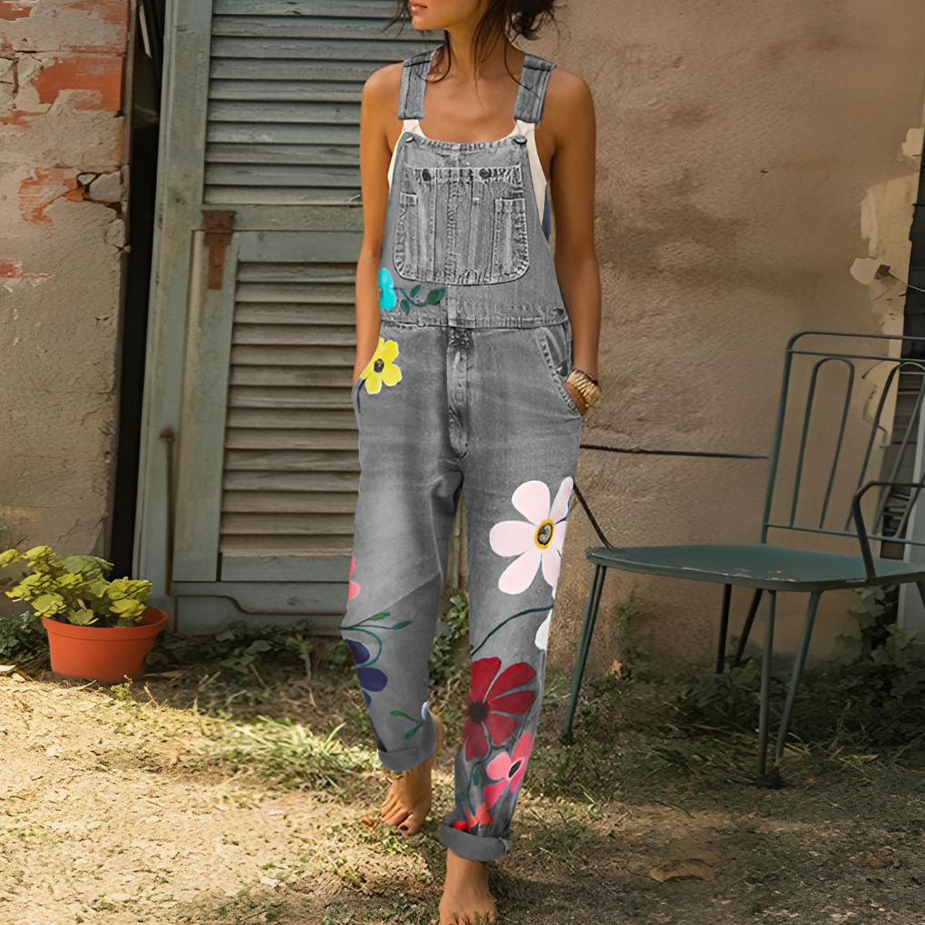 Boho inspired women's floral print jumpsuit, chic and comfortable for summer casual wear & vacation outfits.