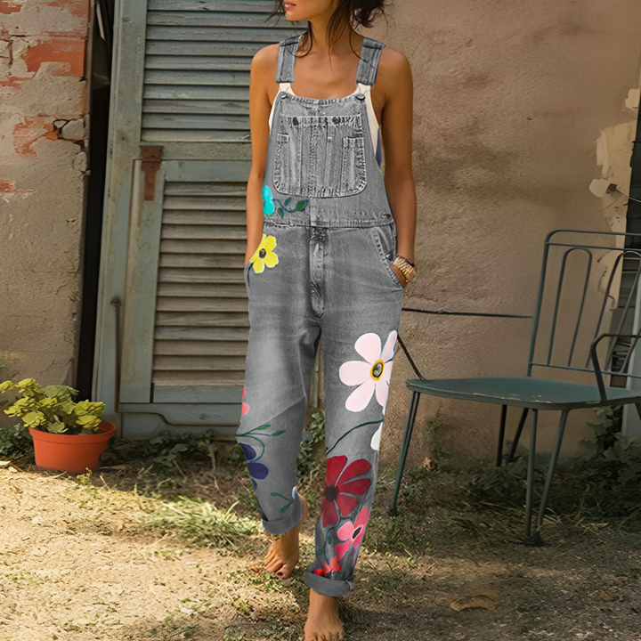 Boho inspired women's floral print jumpsuit, chic and comfortable for summer casual wear & vacation outfits.