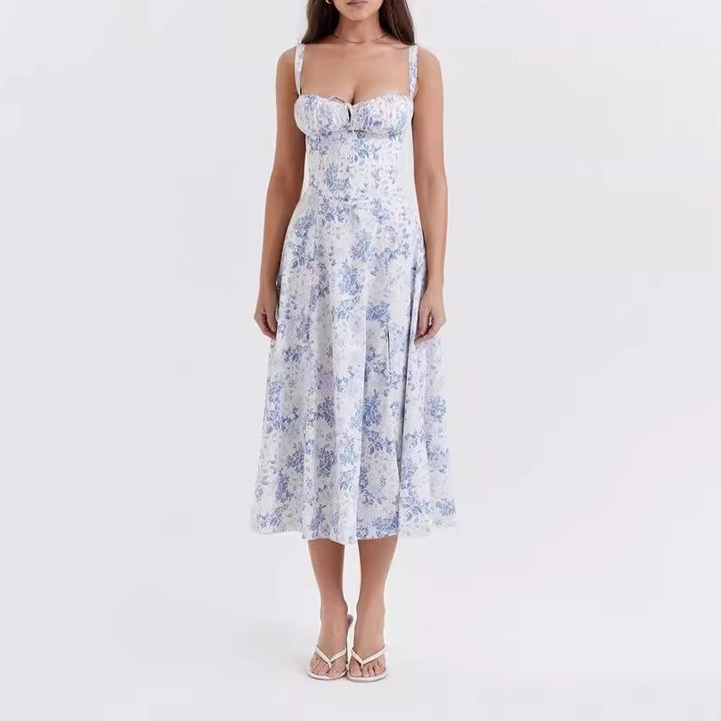 Women's chic floral print midi dress, sleeveless with tie front. Perfect for summer vacations & elegant spring events.