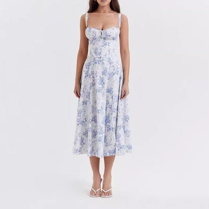 Women's chic floral print midi dress, sleeveless with tie front. Perfect for summer vacations & elegant spring events.