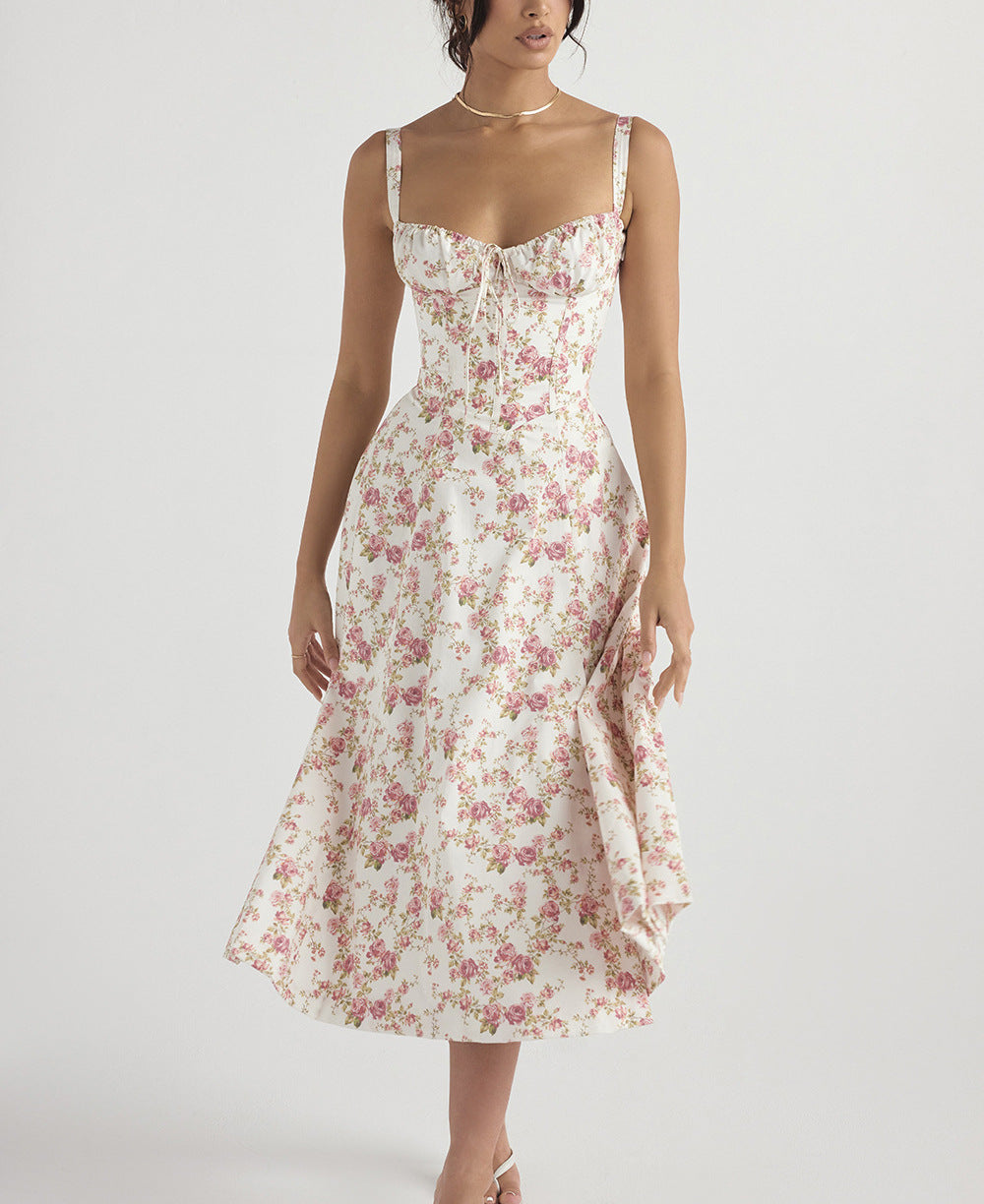 Women's casual floral print sleeveless midi dress, flowy and comfortable with a charming tie-front detail.