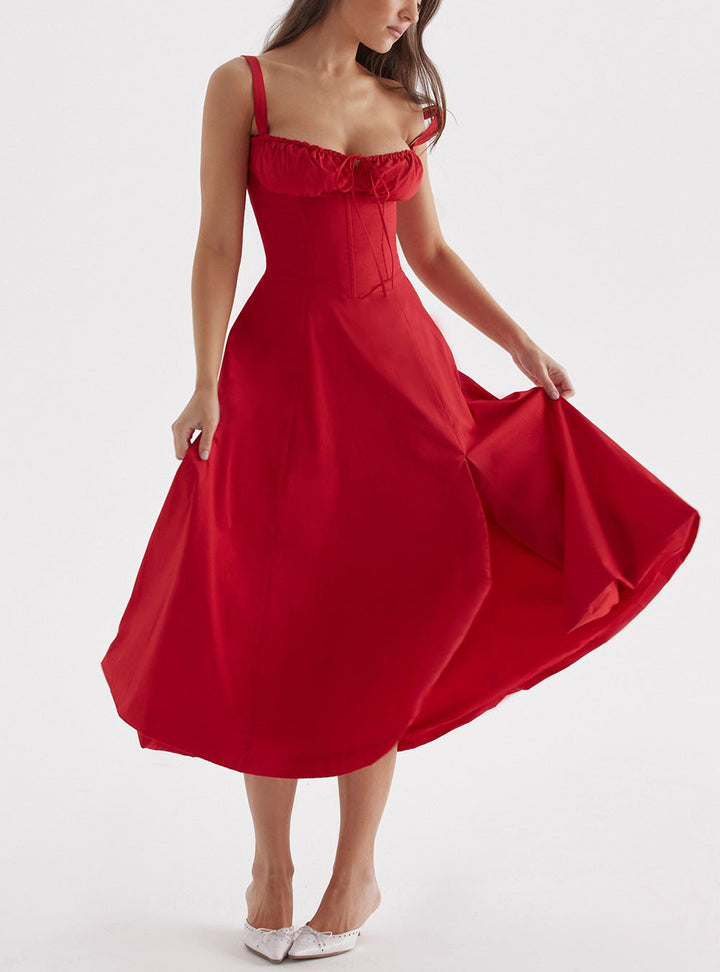Elegant spring floral print midi dress for women, sleeveless with a flattering tie front. Perfect for vacation.