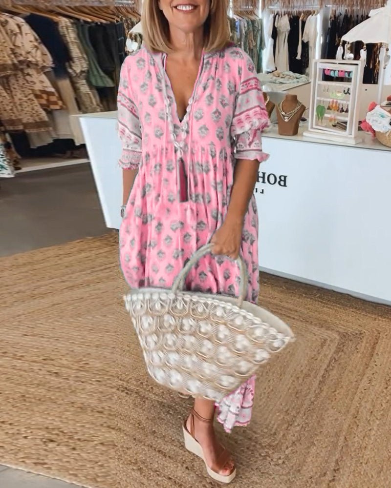 Comfortable & chic women's floral V-neck maxi dress; perfect elegant everyday style.