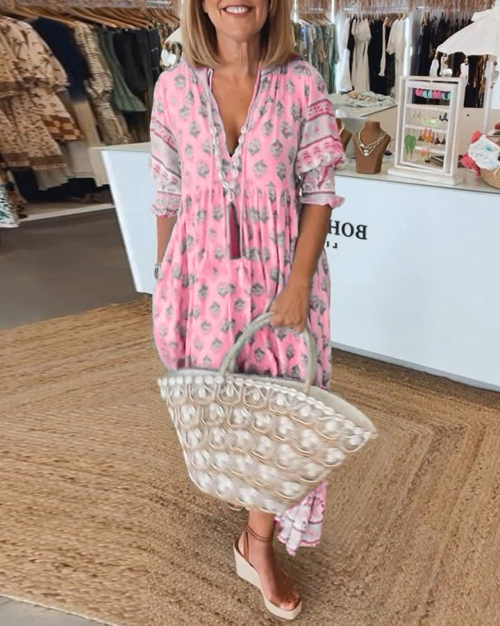 Comfortable & chic women's floral V-neck maxi dress; perfect elegant everyday style.