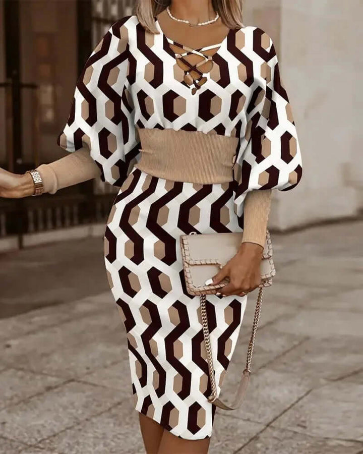 Women's chic geometric print two-piece outfit with batwing top & midi skirt. Perfect for summer fashion & casual wear.