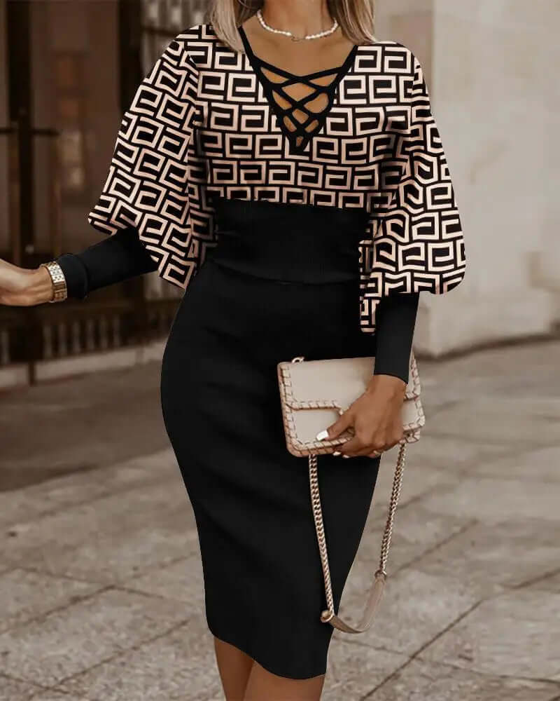 Stylish geometric print two-piece set for women, featuring a comfortable batwing top & elegant midi skirt. Chic.