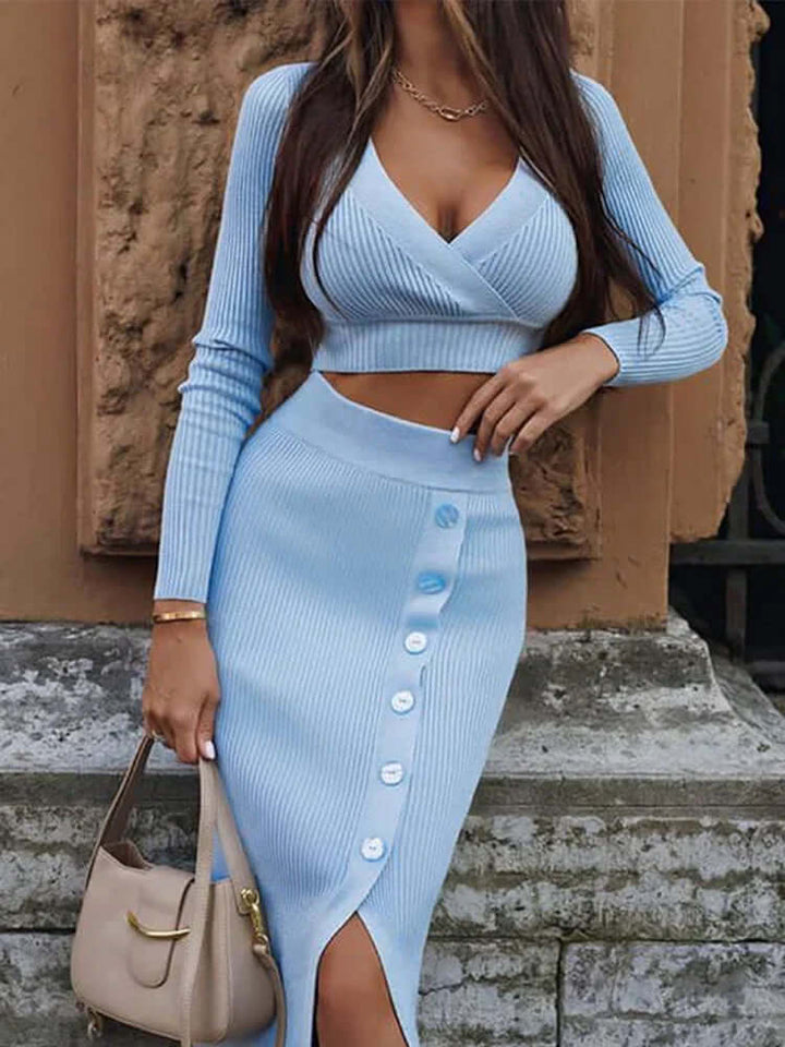Women's chic knitted two-piece set featuring a V-neck top and a stylish midi skirt, perfect for spring/summer.