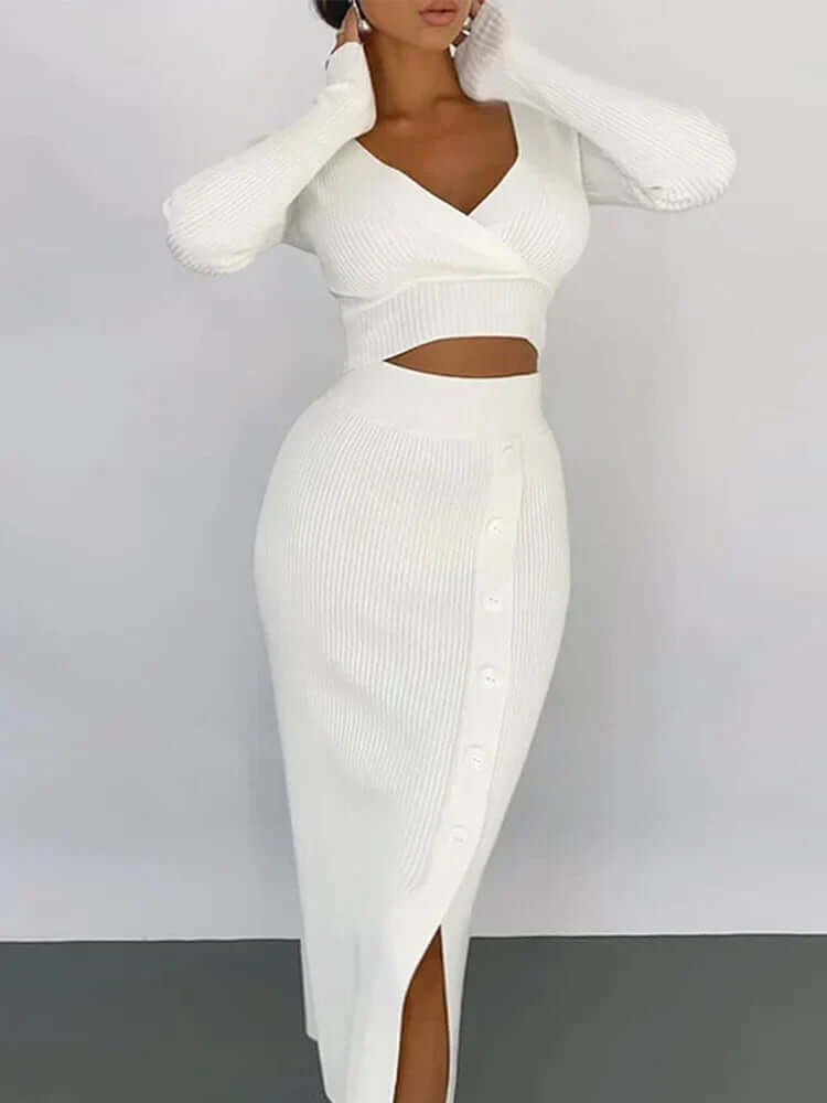 Elegant women's knitted matching set with a flattering V-neck top and a comfortable, fashionable midi skirt.