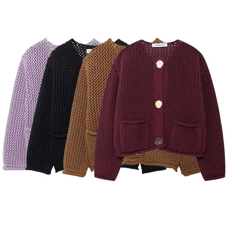 Women's Chic Mesh Knit Cardigan with Pockets, an elegant lightweight sweater for women.