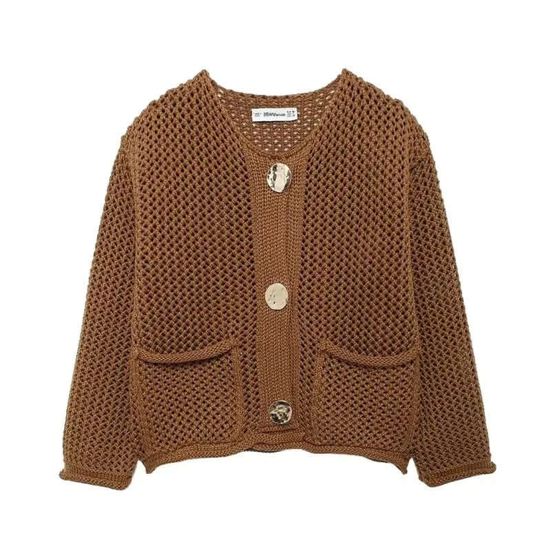 Elegant women's mesh knit cardigan with front pockets & button closure, ideal for casual wear.