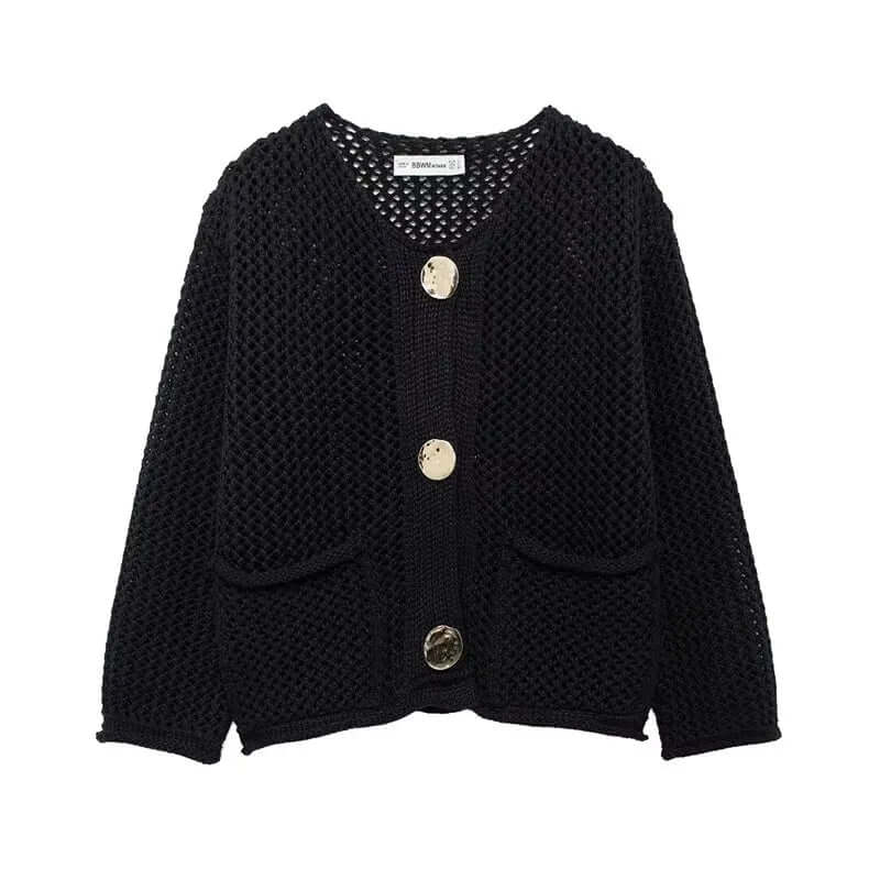 Comfortable women's mesh knit cardigan, a chic everyday top & fashion outerwear with pockets.