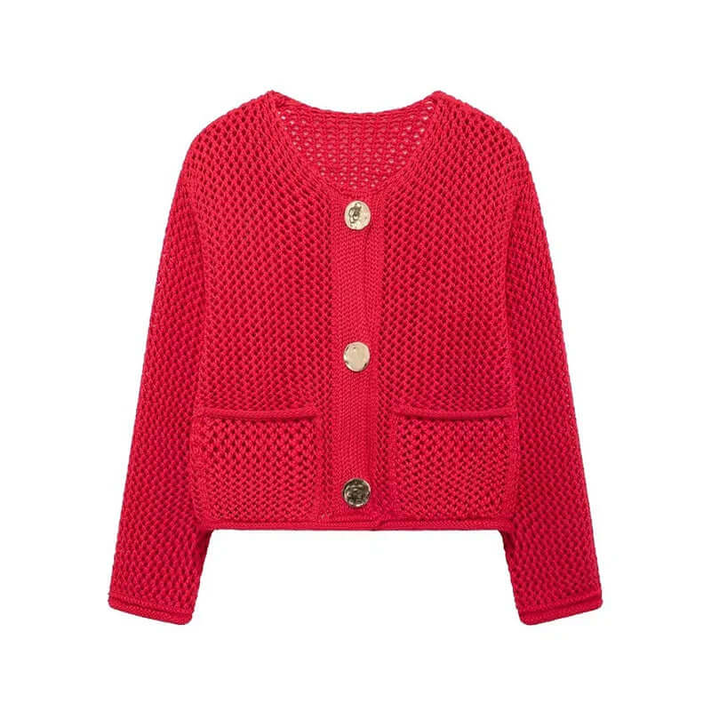 Versatile women's mesh knit cardigan, a chic sweater with pockets for various outfits & comfort.