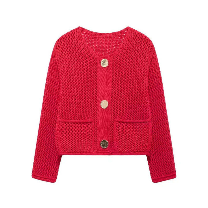 Versatile women's mesh knit cardigan, a chic sweater with pockets for various outfits & comfort.