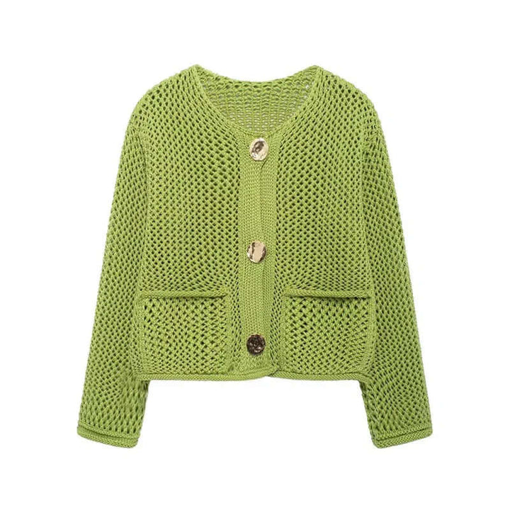 Women's chic mesh knit cardigan with full button closure & front pockets for effortless style.