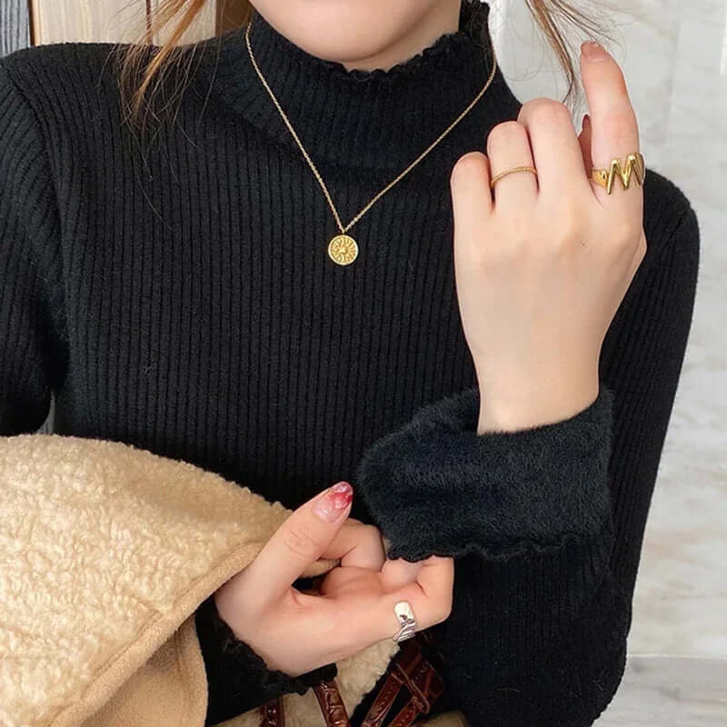 Women's chic mock neck ruffled sweater, a comfortable knit pullover for elegant autumn and winter style.