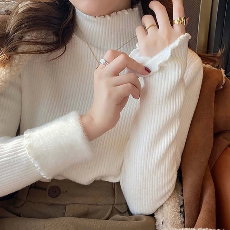 Elegant women's mock neck ruffled pullover sweater, versatile knitwear for chic autumn fashion & winter comfort.
