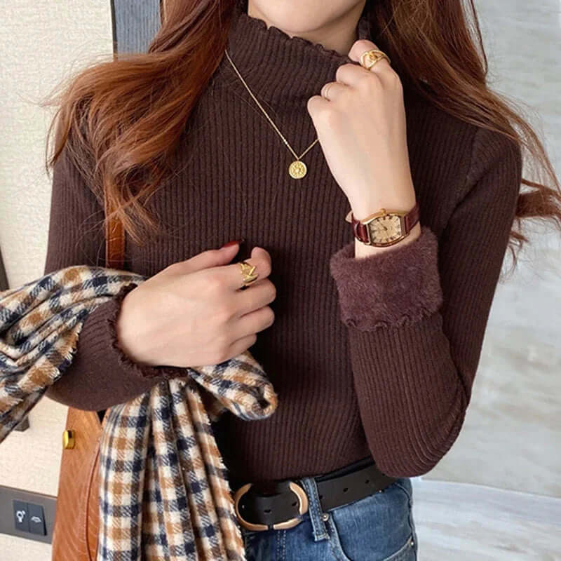 Warm women's mock neck ruffled sweater, an elegant knit pullover perfect for autumn fashion and winter comfort.