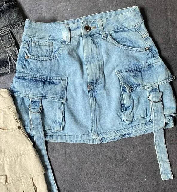 Blue denim A-line mini skirt for women, featuring multiple practical pockets for casual wear.