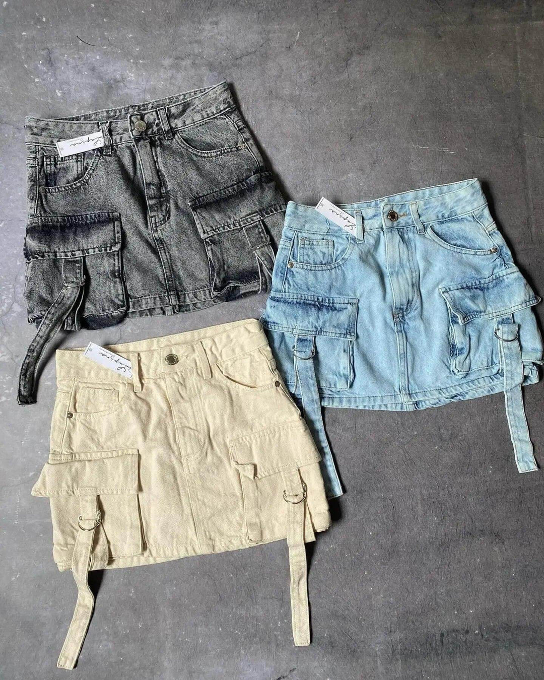Khaki denim A-line mini skirt for women, with multi-pockets and a practical, everyday style.