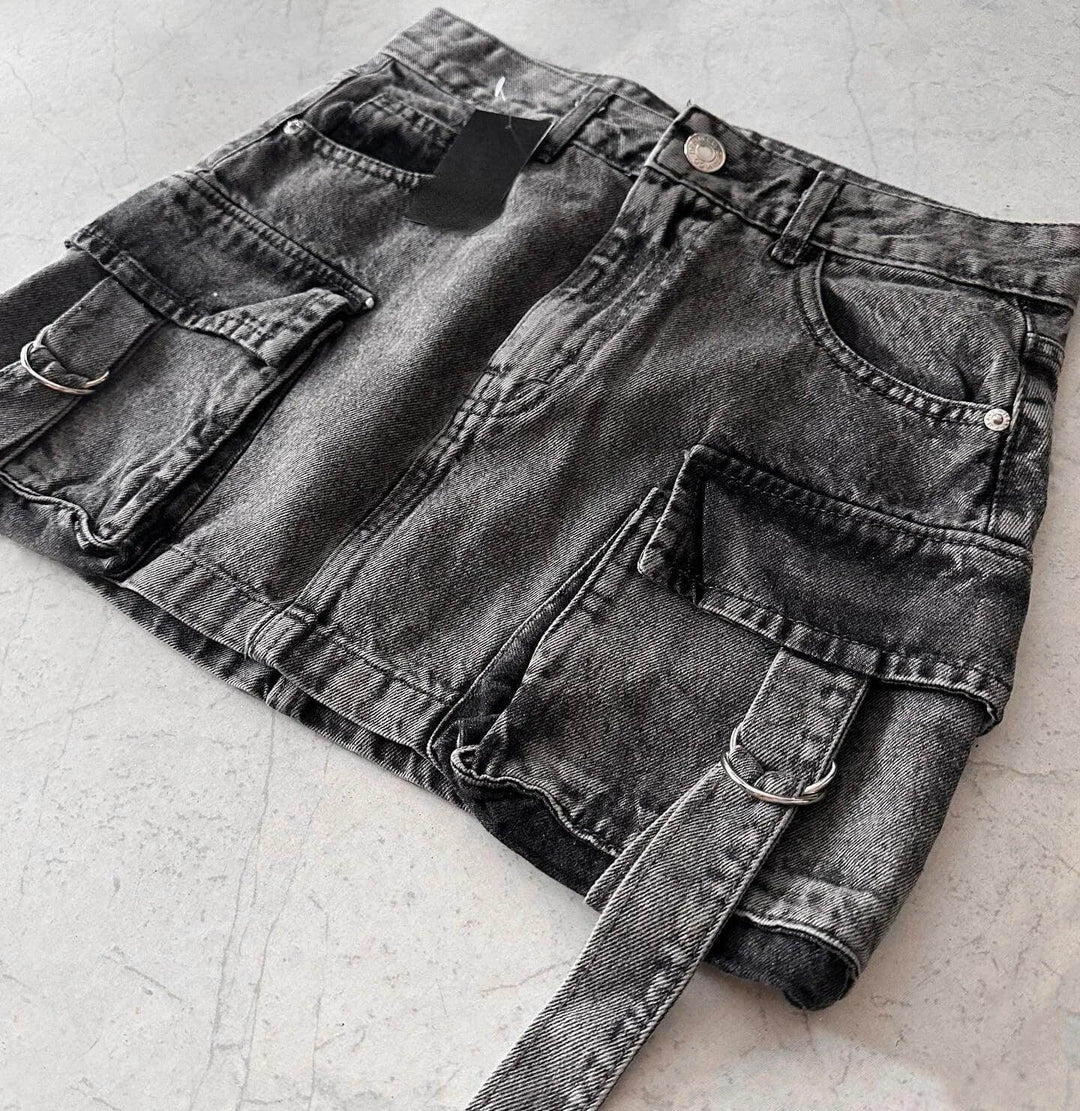 Women's versatile denim A-line mini skirt, multi-pocket design, comfortable for everyday wear.
