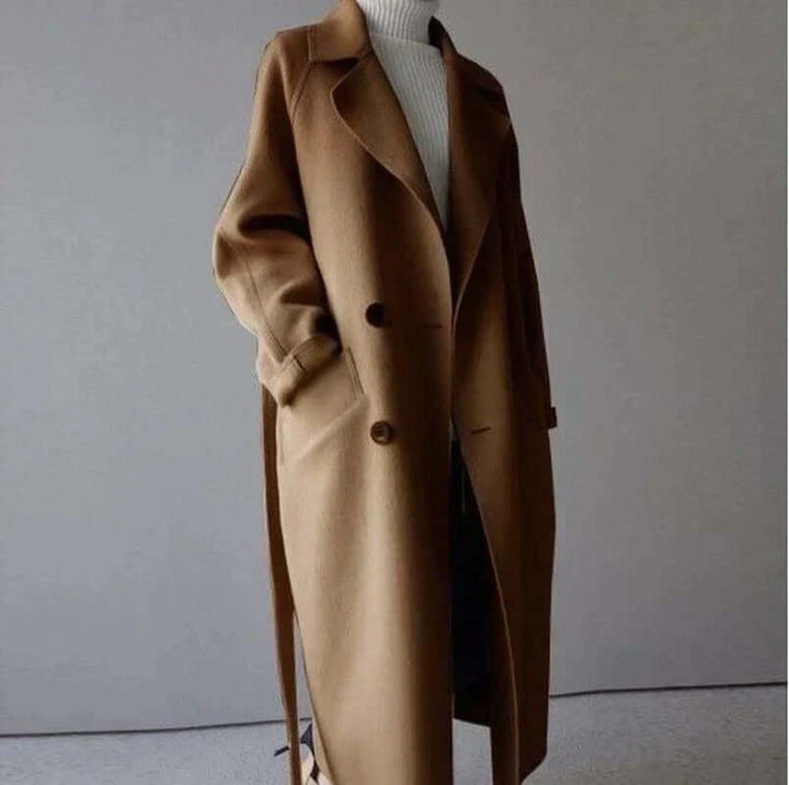 Stylish oversized long winter coat for women with a flattering belt, ideal fashion outerwear.