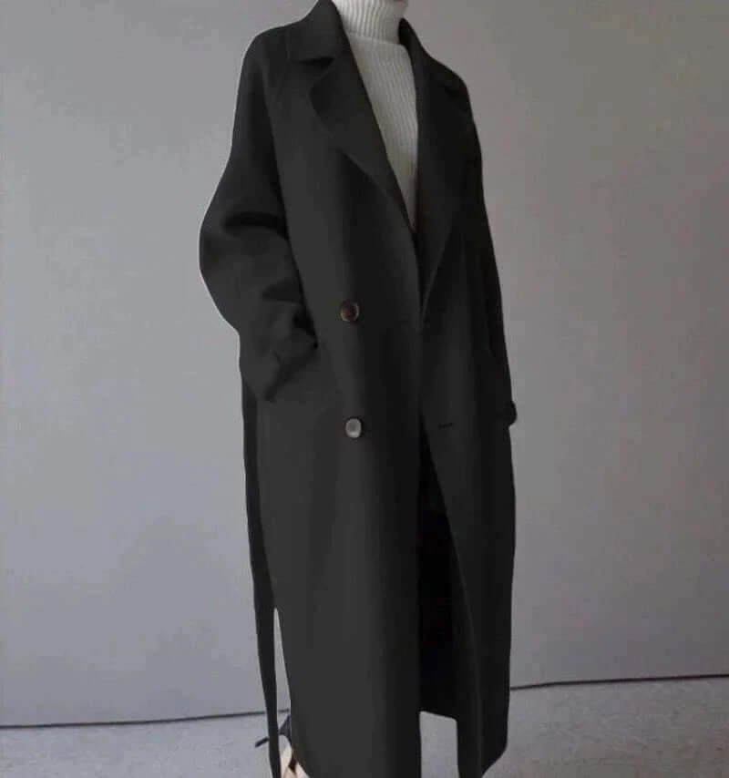 Elegant women's belted winter coat, oversized fit, a chic and warm long jacket for ladies.