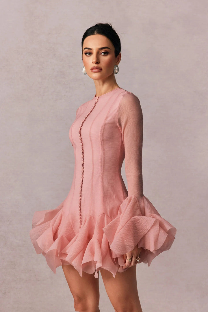 Stylish pink ruffled mini dress for women, featuring long sleeves, great for evening wear & special events.